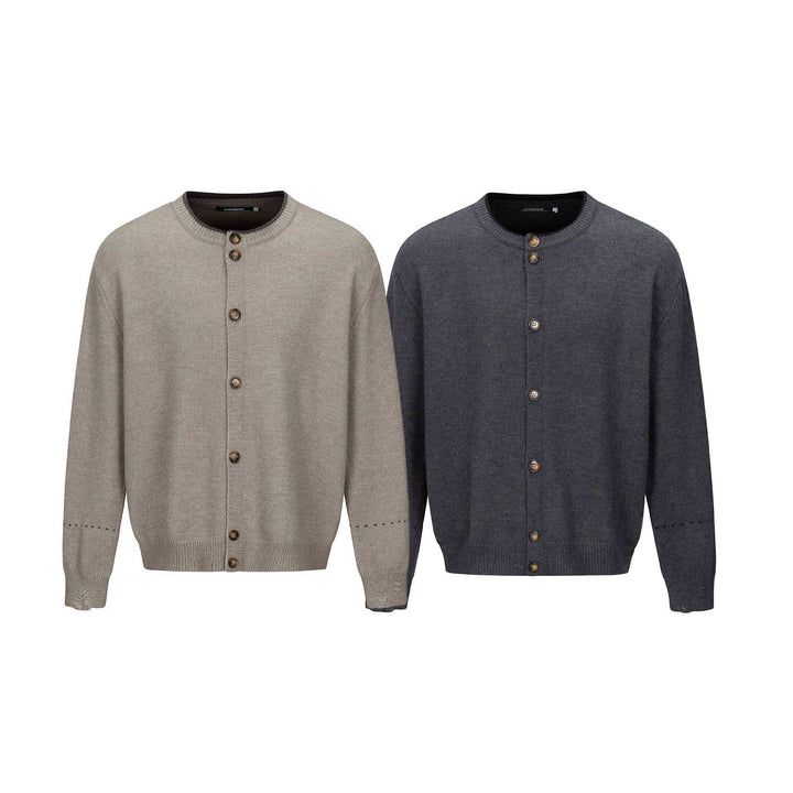 Unisex Schlichte Strickjacke mit Rundhals, Holzknopfleiste und geripptem Saum Echoarchiv