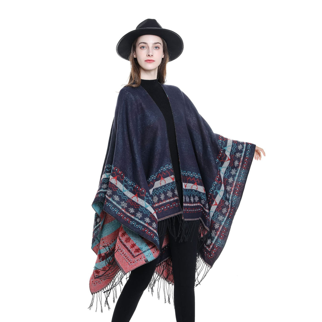 Damen Wollmix-Kimono-Poncho mit Norwegerbordüre und Fransen Echo Archiv