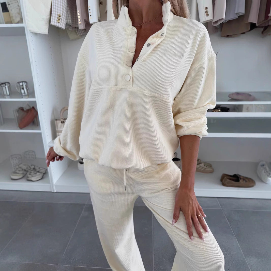Damen Cord-Lounge-Set mit Henley-Kragen, Knopfleiste und weitem High-Waist-Hose – Élanora