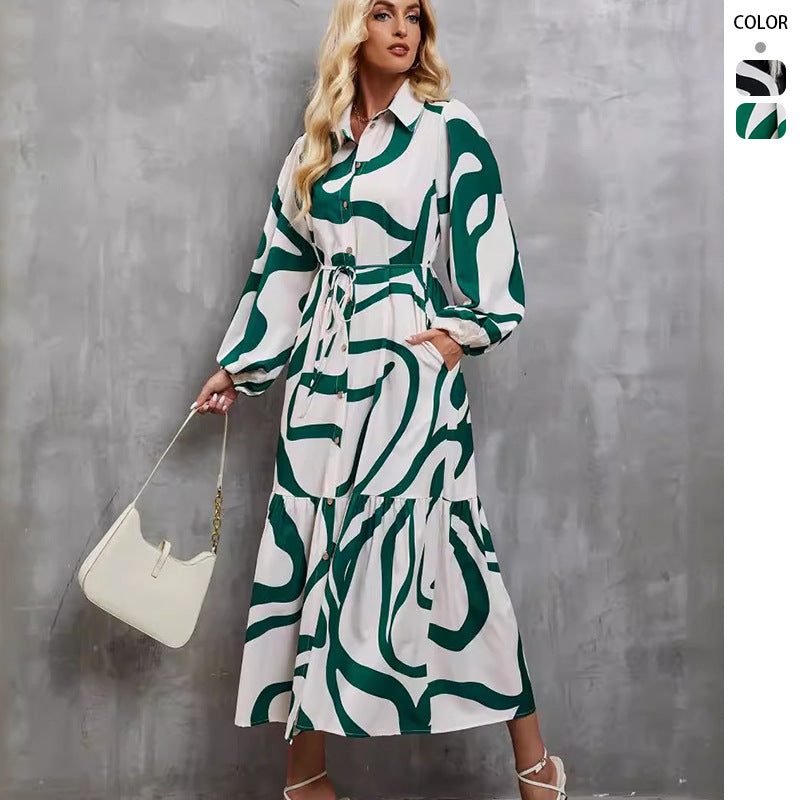 Damen nan gemustertes Hemdblusenkleid mit Taillenkordel, durchgehender Knopfleiste und seitlichem Schlitz Echo Archiv