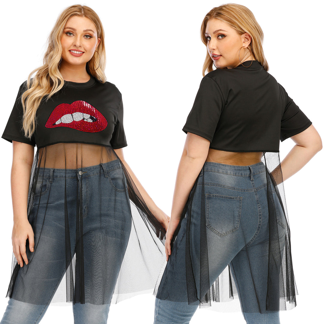 Damen modisches Crop-Top mit transparentem Überwurf und Glitzerbesatz Echo Archiv