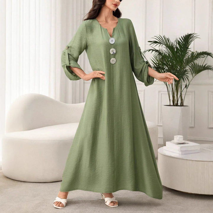 Damen Maxikleid mit Zierknöpfen, V-Ausschnitt und krempelbaren 3/4-Ärmeln – Avérine