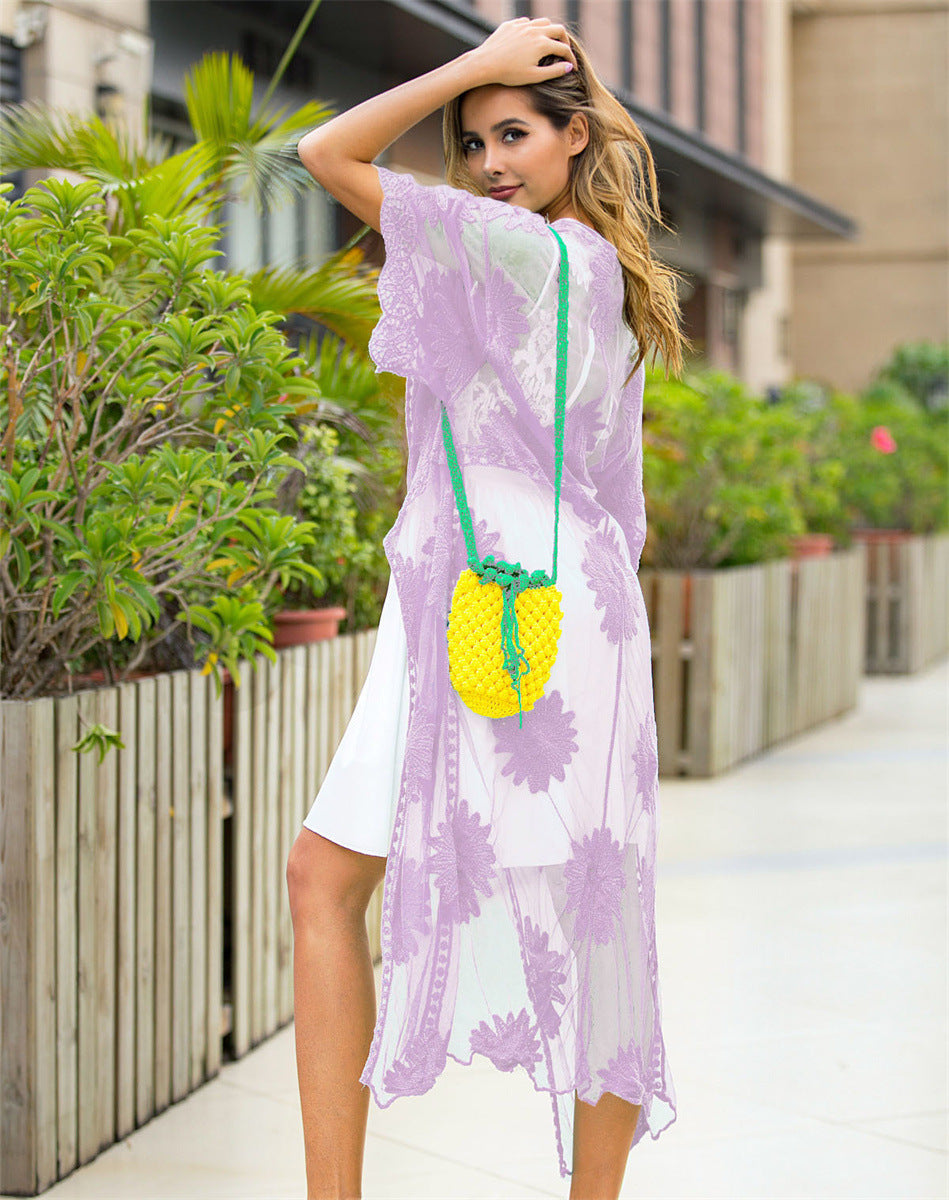 Damen elegante Häkel-Strandrobe mit floralen Details und tiefem V-Ausschnitt Echo Archiv