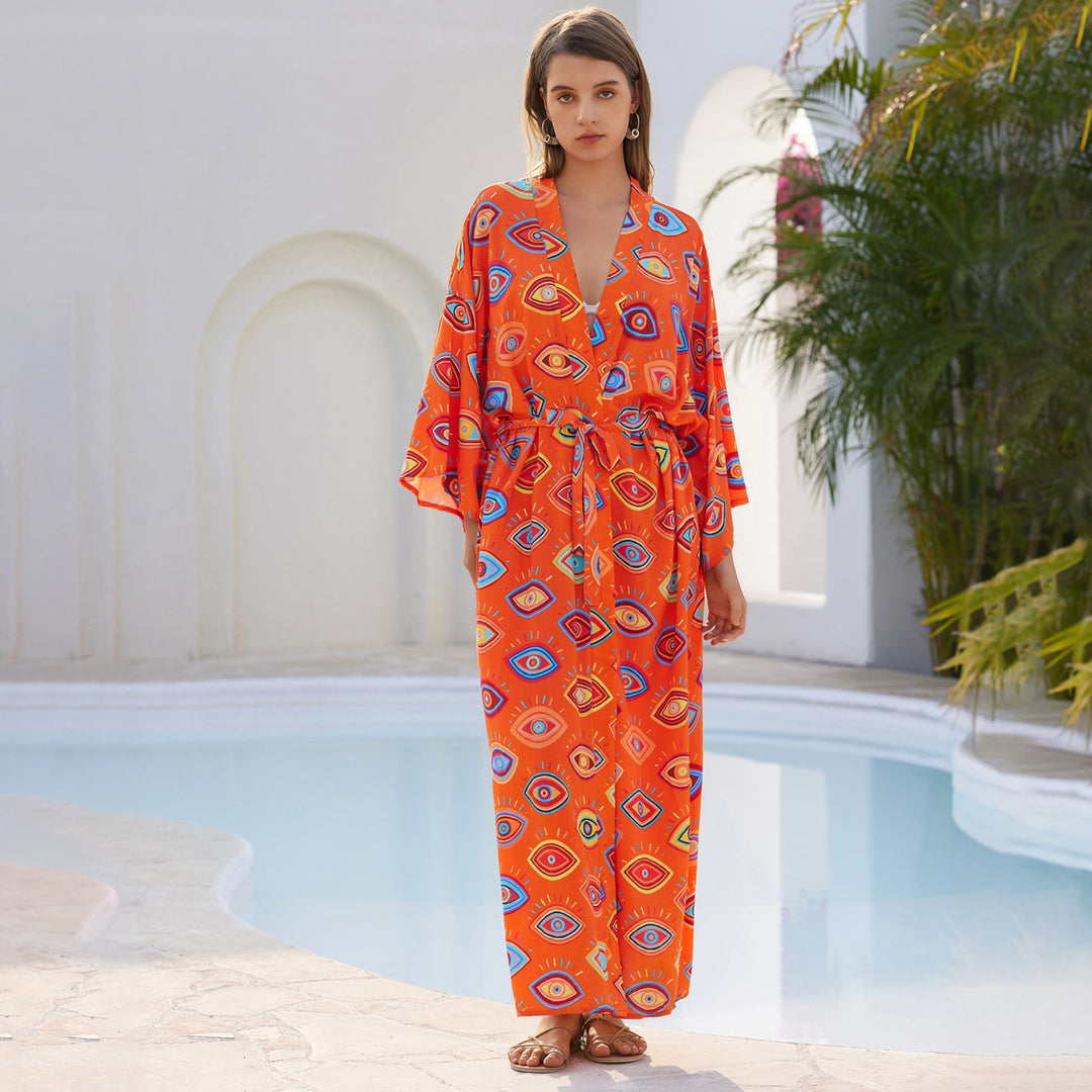 Damen Langer Kaftan‑Kimono mit Taillengürtel, V‑Ausschnitt & grafischem Augenprint Echoarchiv