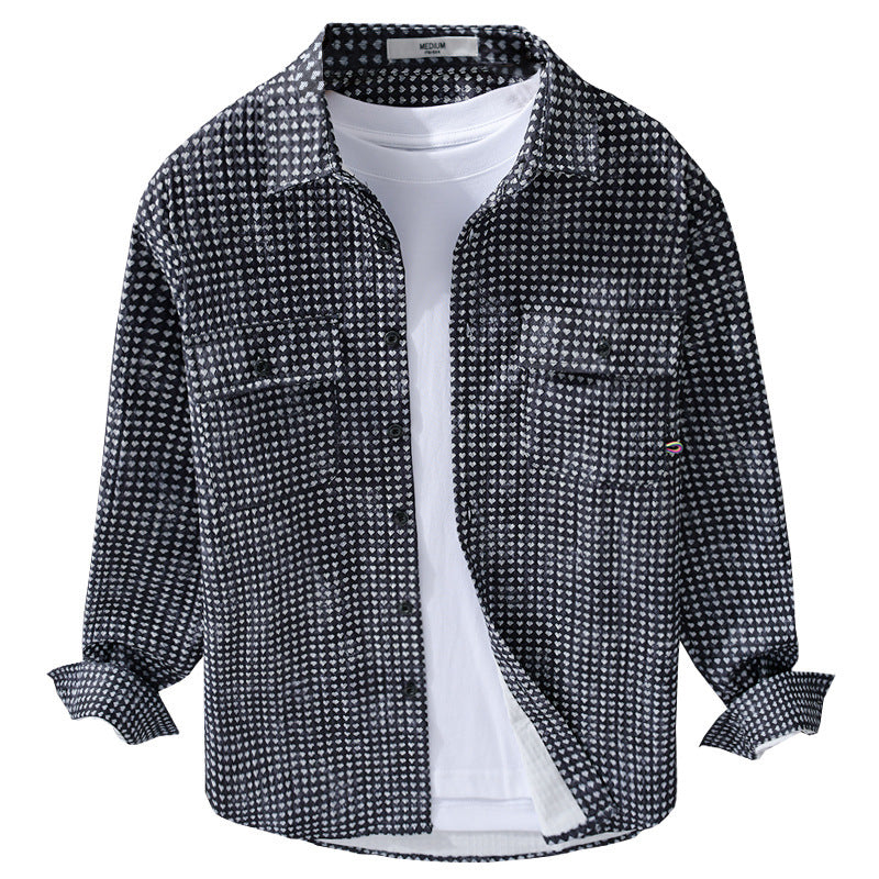 Herren Hemdjacke-Overshirt aus Baumwollmix mit Miniherz-Alloverprint und Brusttaschen Echoarchiv