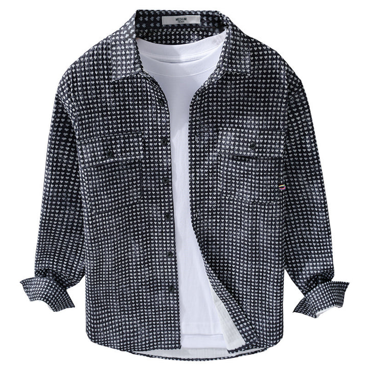 Herren Hemdjacke-Overshirt aus Baumwollmix mit Miniherz-Alloverprint und Brusttaschen Echoarchiv