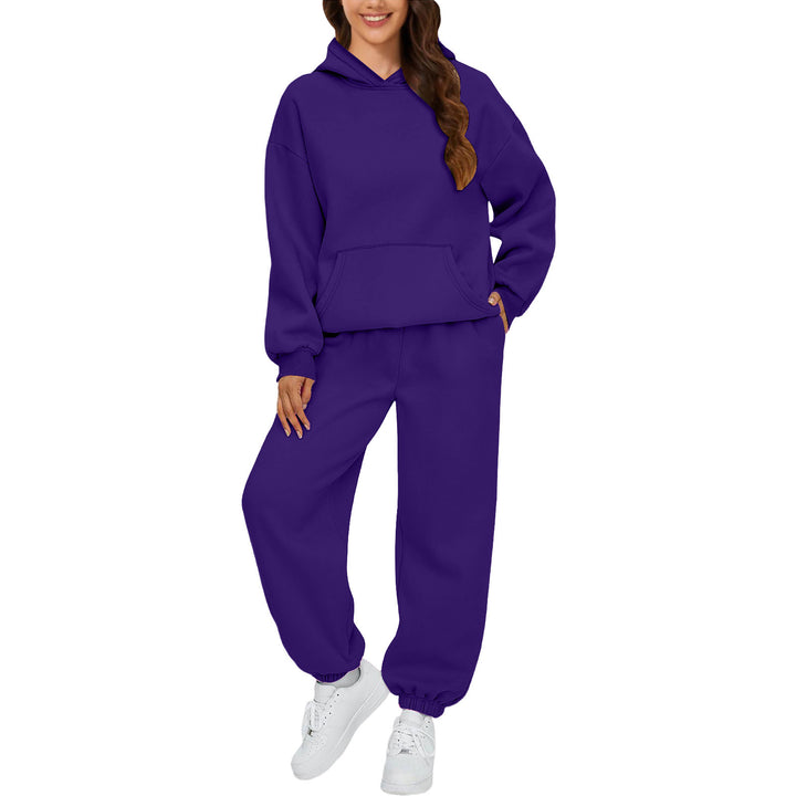 Damen nan gemütliches French-Terry Loungewear-Set mit doppellagiger Kapuze, Kängurutasche und elastischem Knöchel-Jogger Echo Archiv