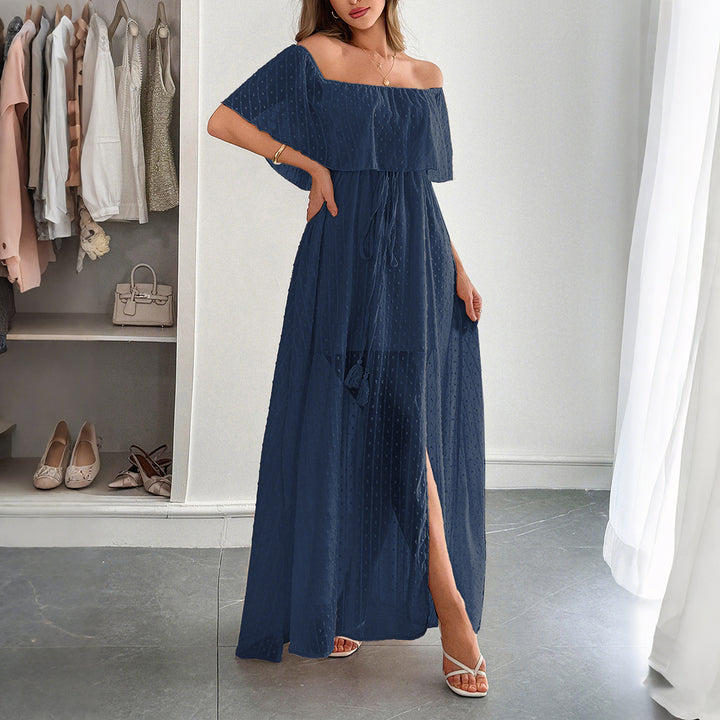 Damen Off-Shoulder Maxikleid mit feinem Punktedesign und Taillenbindung Echo Archiv