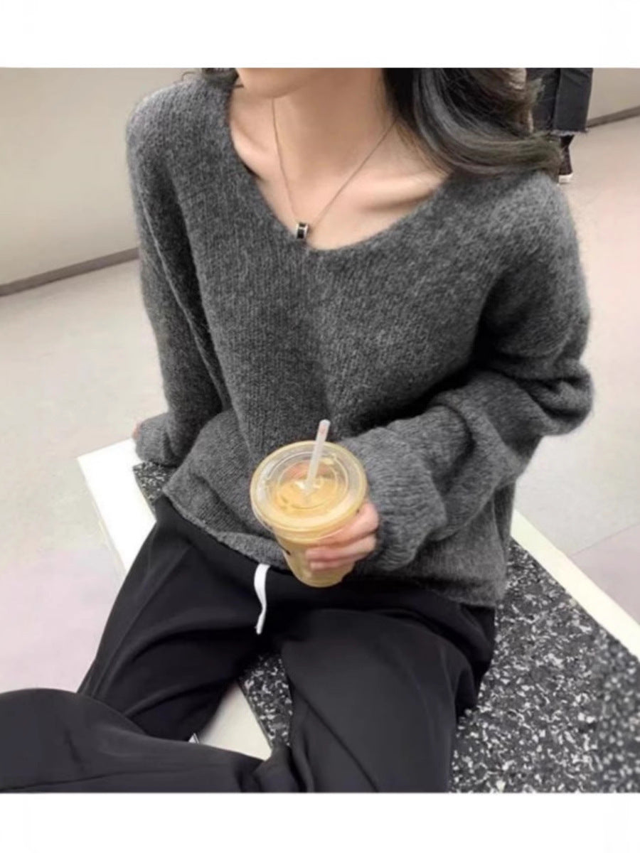 Damen Oversize V‑Ausschnitt Mohair‑Look Pullover mit Angora‑Optik und überschnittener Schulter Echoarchiv