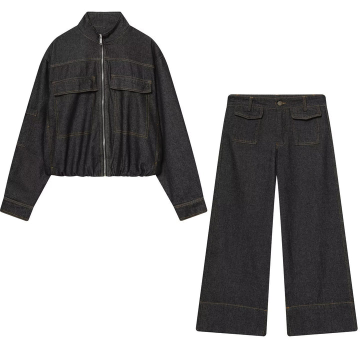Damen Zweiteiliges Denim-Set mit Cropped-Zipjacke und weiter Highwaist-Jeans Echo Archiv