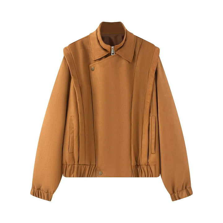 Damen asymmetrische Blousonjacke mit verdeckter Reißverschlussblende, Stehkragen und taillennahem Kordelzug – Célinea