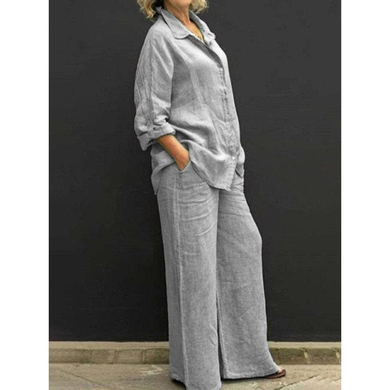 Damen Leichtes Leinen-Loungewear-Set mit Oversized-Hemd und weiter Palazzo-Hose Echo Archiv