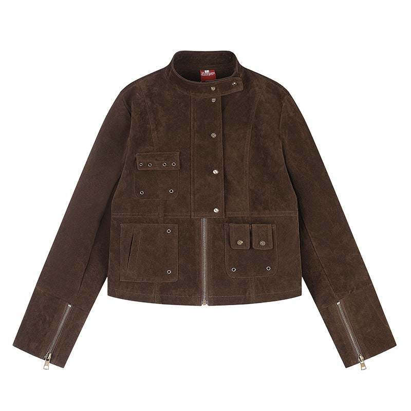 Damen kurze Wildleder-Utilityjacke mit Stehkragen, Mehrfachtaschen und Reißverschluss Echoarchiv