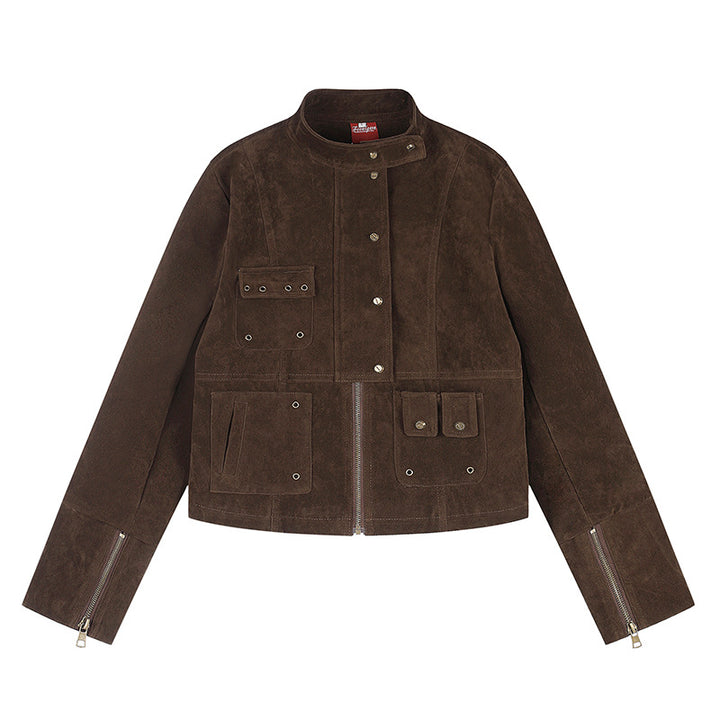 Damen kurze Wildleder-Utilityjacke mit Stehkragen, Mehrfachtaschen und Reißverschluss Echoarchiv