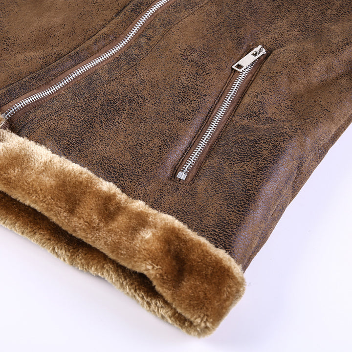 Herren Bikerjacke aus Lederimitat mit Teddyfell-Futter und asymmetrischem Reißverschluss – Brevano
