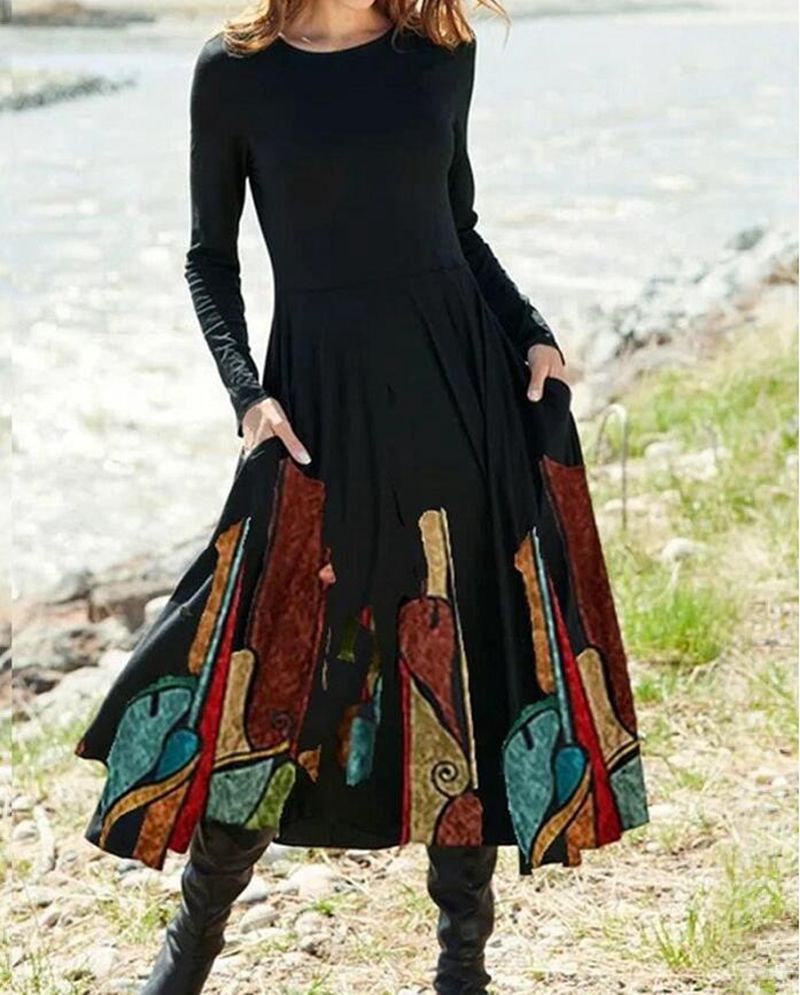 Damen nan A-Linien-Midikleid mit abstraktem Spritzmuster, Rundhalsausschnitt, langen Ärmeln und Eingrifftaschen Echo Archiv