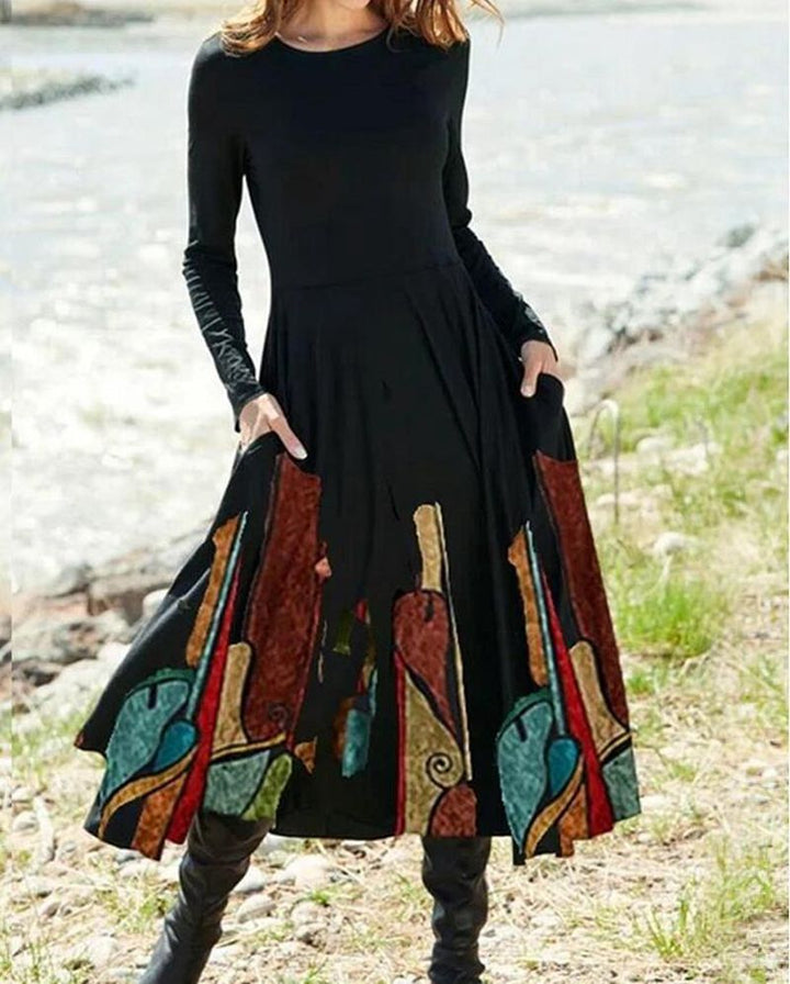 Damen nan A-Linien-Midikleid mit abstraktem Spritzmuster, Rundhalsausschnitt, langen Ärmeln und Eingrifftaschen Echo Archiv