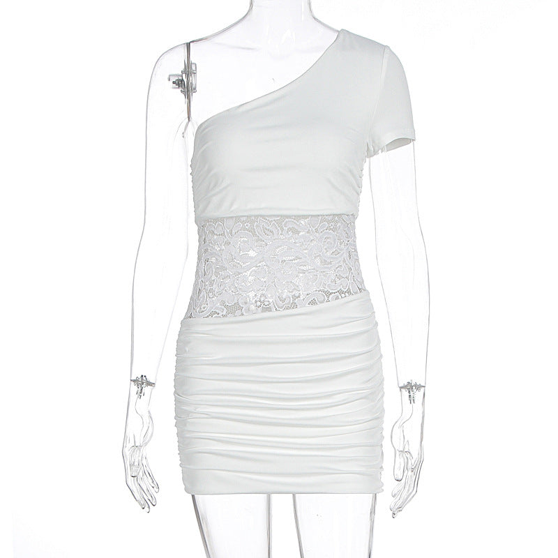 Damen Einseitig Träger Mini-Kleid mit Spitzenbund und Raffungen Echo Archiv