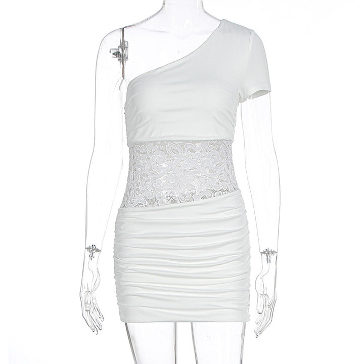 Damen Einseitig Träger Mini-Kleid mit Spitzenbund und Raffungen Echo Archiv