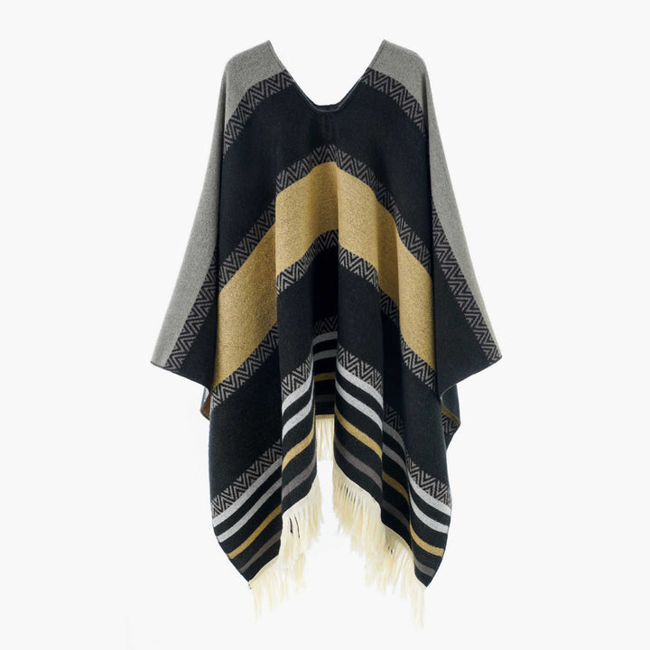 Damen Oversize Poncho-Cape mit V-Ausschnitt und Fransensaum – Avérine
