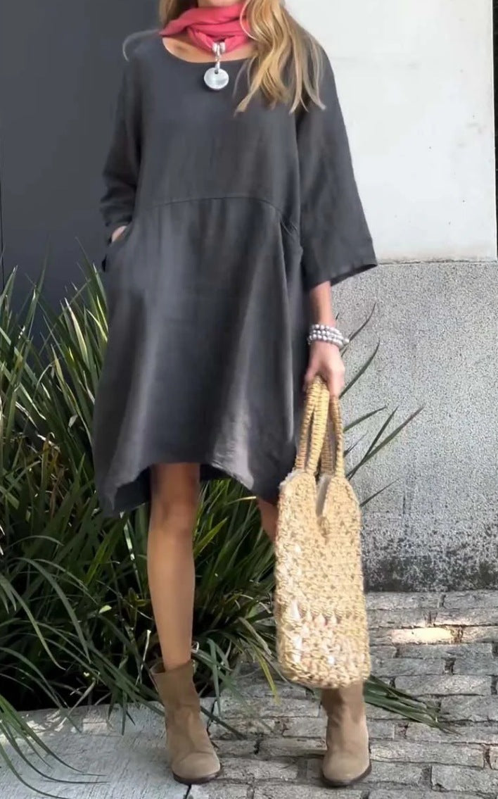Damen lässiges Leinenkleid mit praktischen Taschen und asymmetrischem Saum Echoarchiv