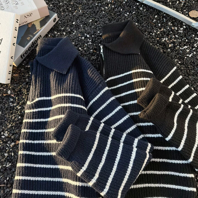 Unisex Grobgestrickter Oversize-Pullover mit halbem Reißverschluss und Polokragen Echoarchiv
