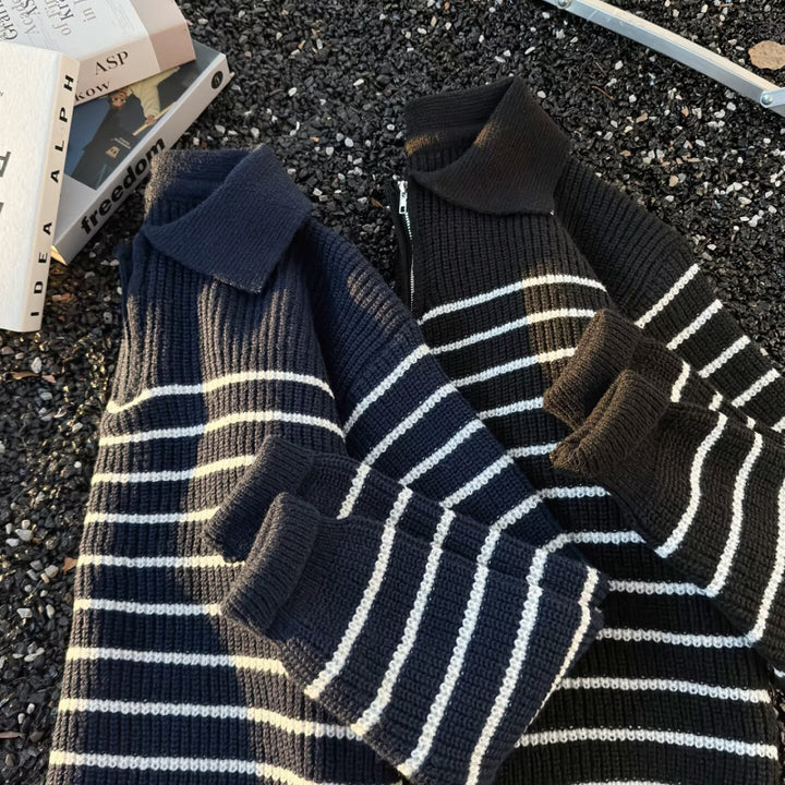 Unisex Grobgestrickter Oversize-Pullover mit halbem Reißverschluss und Polokragen Echoarchiv