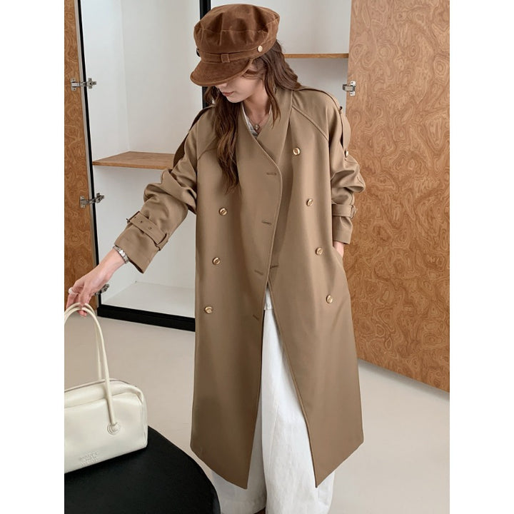 Damen Lang geschnittener Trenchcoat mit doppelreihiger Knopfleiste und verstellbaren Ärmelriegeln Echoarchiv