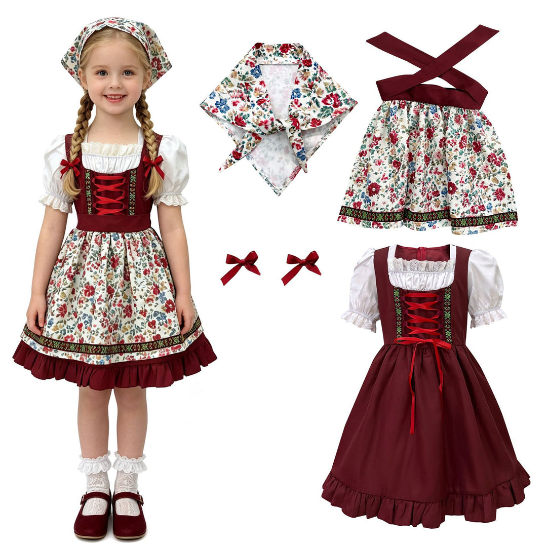 Damen nan traditionelles Kinderdirndl mit Schürze Haarband Spitzenbluse und Zierschnürung Echo Archiv