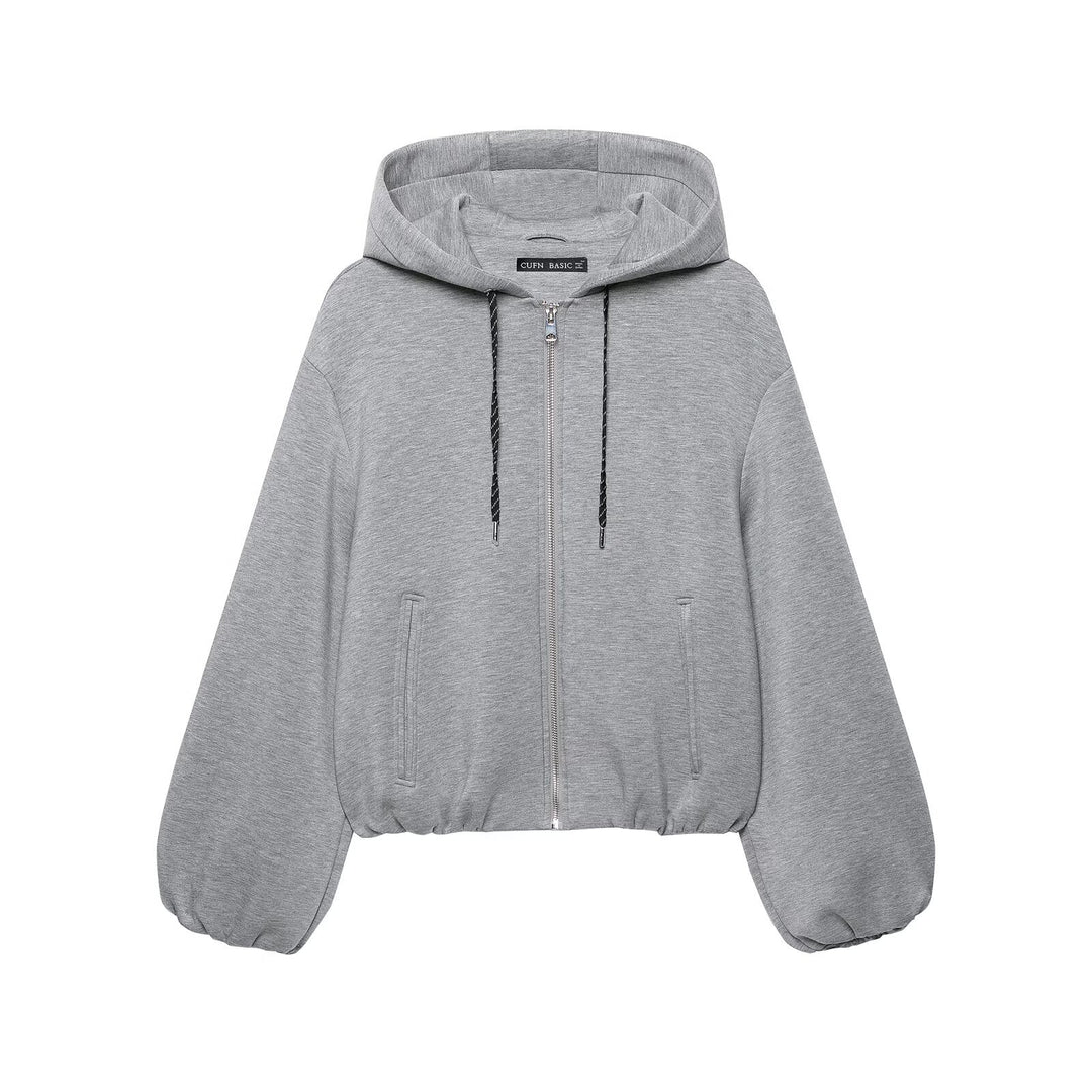 Damen Cropped Kapuzen-Sweatjacke mit Ballonärmeln und Tunnelzug Echoarchiv