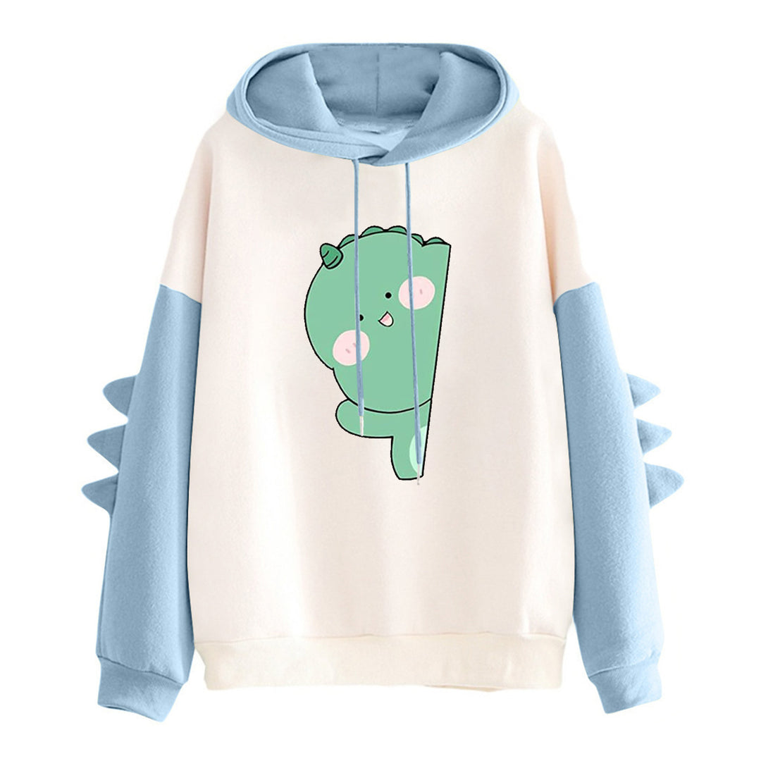 Damen weiter Kapuzenpullover mit dreidimensionalen Rückenstacheln und niedlichem Dino-Print – Auréline