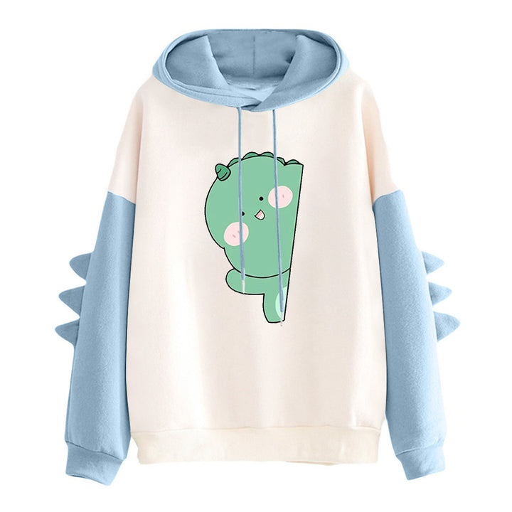 Damen weiter Kapuzenpullover mit dreidimensionalen Rückenstacheln und niedlichem Dino-Print – Auréline