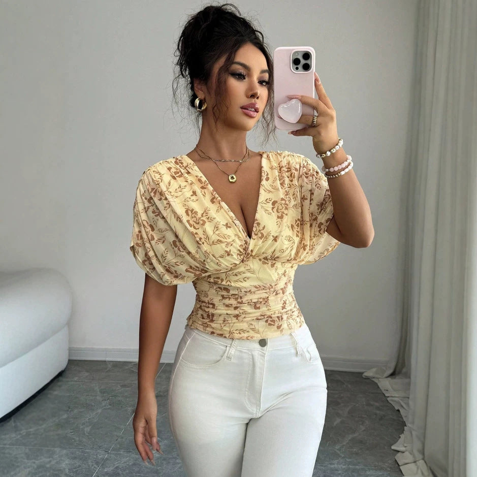 Damen Figurbetonte Wickelbluse mit tiefem V-Ausschnitt, geraffter Taille und Kimonoärmeln Echo Archiv
