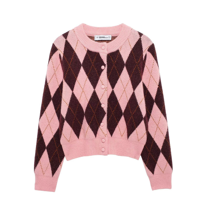 Damen Kurze Rauten‑Argyle‑Strickjacke mit Rundhals und stoffbezogenen Knöpfen Echoarchiv