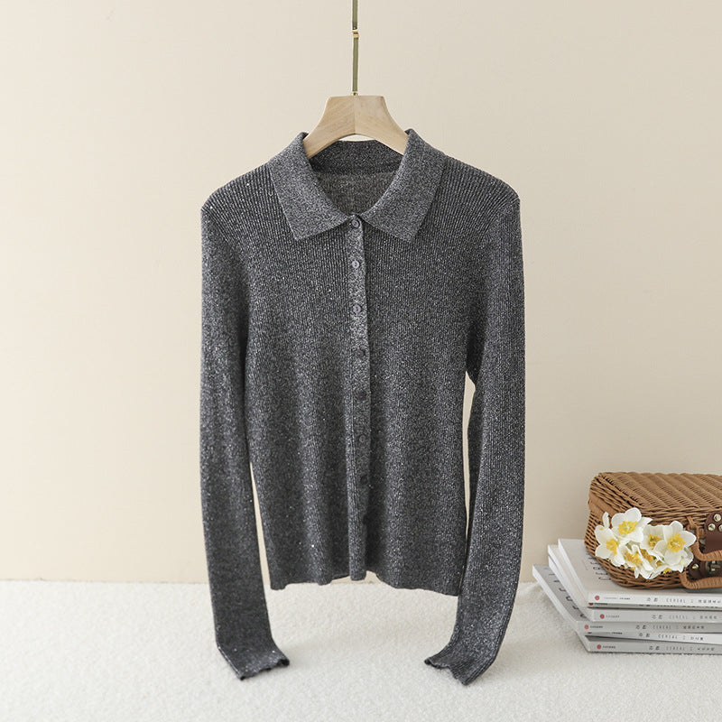 Damen Feinstrick-Cardigan mit Polokragen, Knopfleiste und dezentem Glitzereffekt Echo Archiv