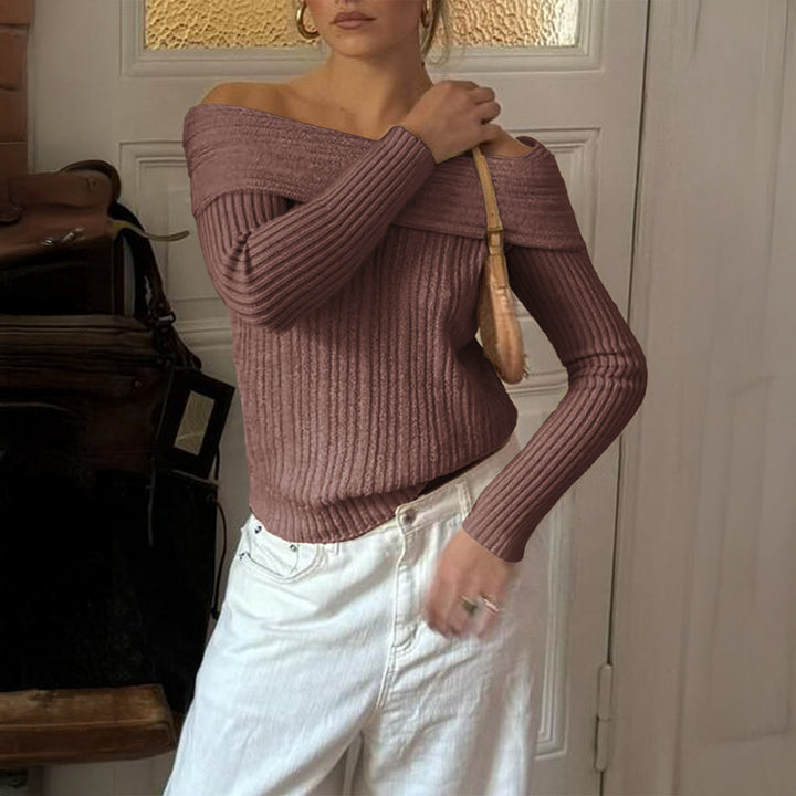 Damen Off-Shoulder Rippstrickpullover mit schmaler Silhouette und gerolltem Ausschnitt – Mavelle