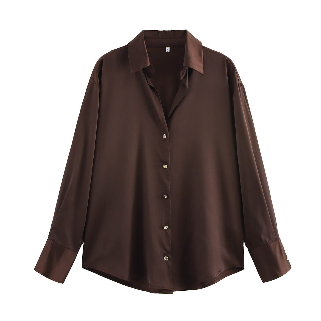 Damen nan oversized Satinbluse mit Hemdkragen, verlängerten Manschetten und abgerundetem Saum Echo Archiv