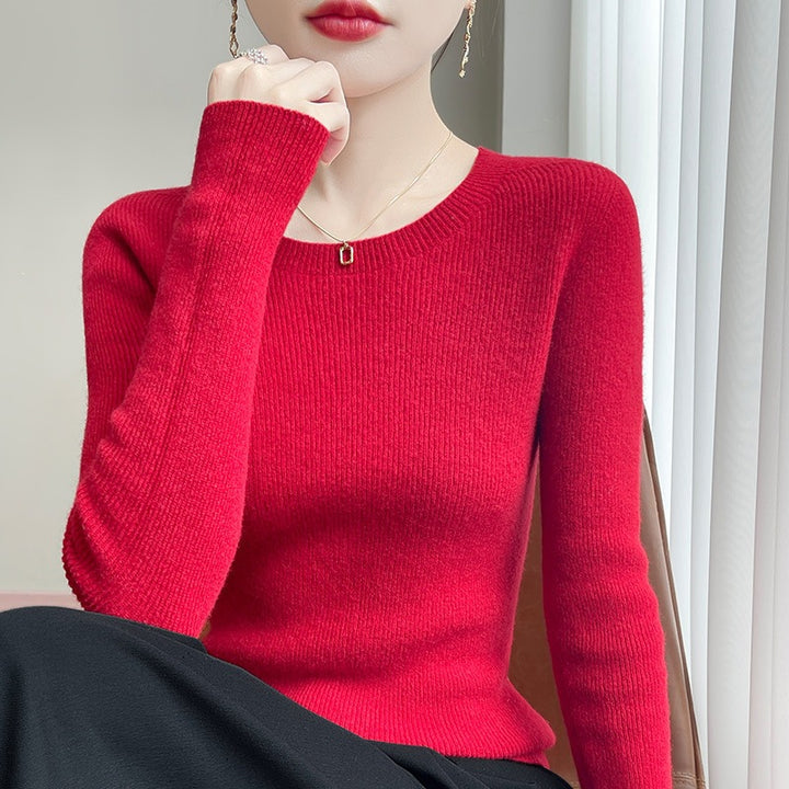 Damen Taillierter Rundhals-Pullover aus fein gerippter Kaschmir‑Optik Echoarchiv