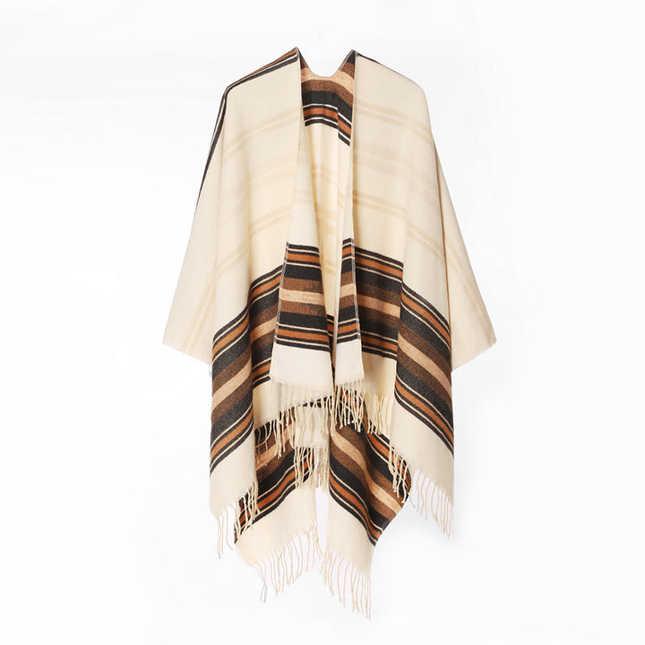 Damen Weichfallender Schalkragen‑Poncho aus Wollmix mit gestreiften Jacquardbordüren und Fransensaum – Célinea