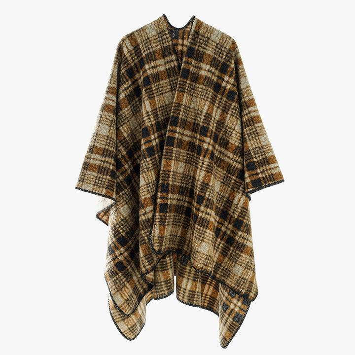 Damen Oversize Wollmix-Capeponcho im Rechteckschnitt mit Karomuster und dekorativer Kettelkante – Avérine