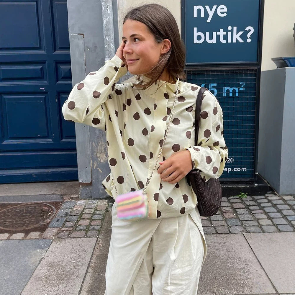 Damen Boxy Hemdjacke mit Stehkragen, Ballonärmeln und großem Polka‑Dot‑Print Echoarchiv