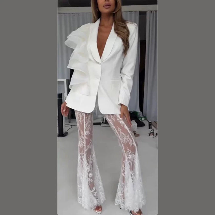Damen taillierter Blazer mit asymmetrischer Organza-Rüsche Echoarchiv
