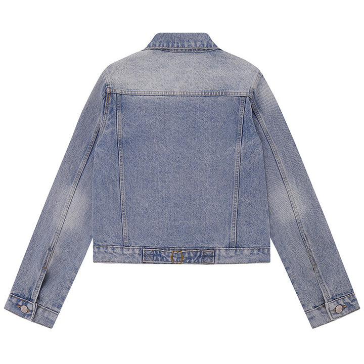 Damen kurze Vintage-Denimjacke mit Brusttaschen, Reißverschluss-Detail und Knopfleiste Echoarchiv