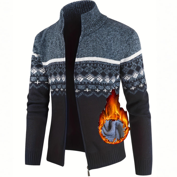 Herren Thermo-Strickjacke mit Stehkragen und Reißverschluss Norwegerstrick Fleece-gefüttert – Taviero