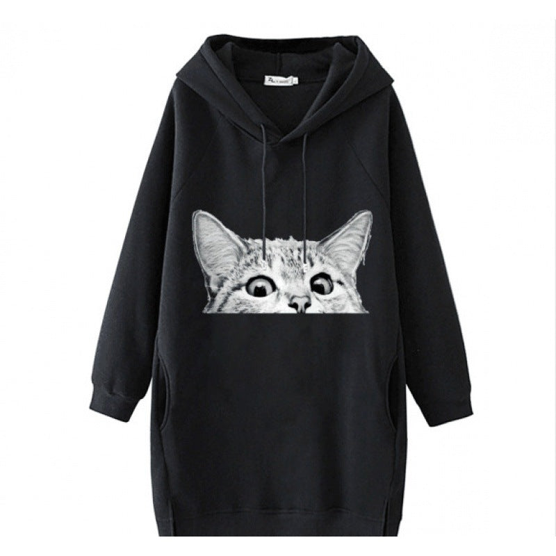 Damen Oversize Kapuzenkleid aus Sweat mit großem Katzenprint und Seitentaschen – Auréline