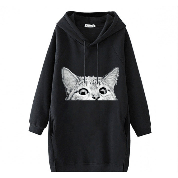 Damen Oversize Kapuzenkleid aus Sweat mit großem Katzenprint und Seitentaschen – Auréline