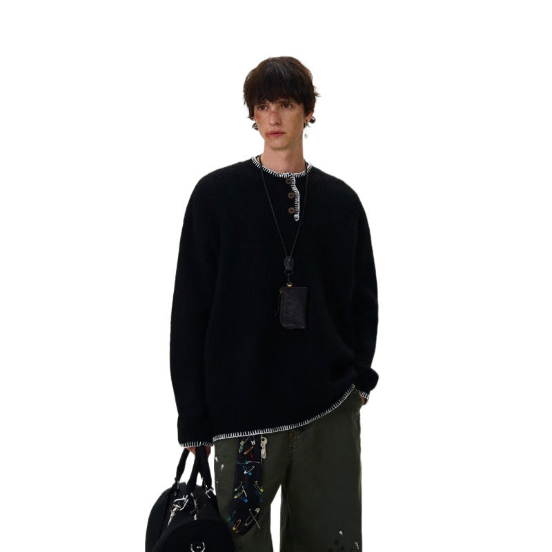 Herren Grobstrick-Henley-Pullover mit Bouclé-Optik und kontrastierten Bündchen Echoarchiv