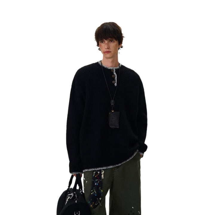 Herren Grobstrick-Henley-Pullover mit Bouclé-Optik und kontrastierten Bündchen Echoarchiv