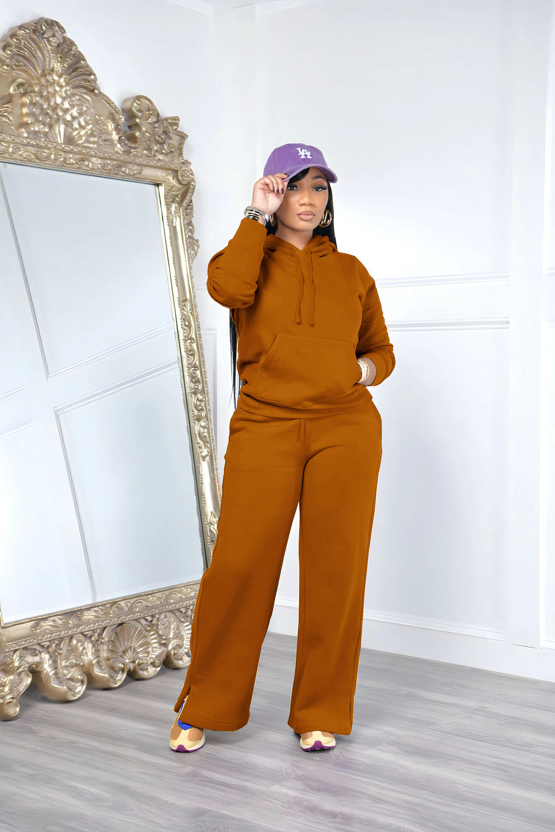 Damen Relax-Loungewear-Set mit weitem Highwaist-Palazzo-Jogger, Kapuzenpullover mit Kängurutasche und seitlichem Saumschlitz – Avérine