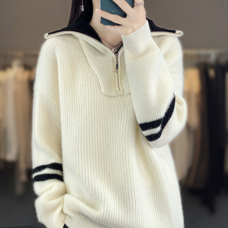 Damen Rippenstrick-Pullover mit halbem Reißverschluss, hohem Stehkragen und lässiger Passform Echoarchiv